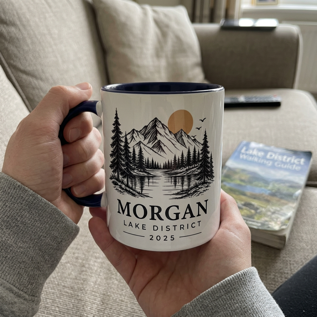 Person holding a dark blue Morgan Lake District 2025 mountain mug on a sofa