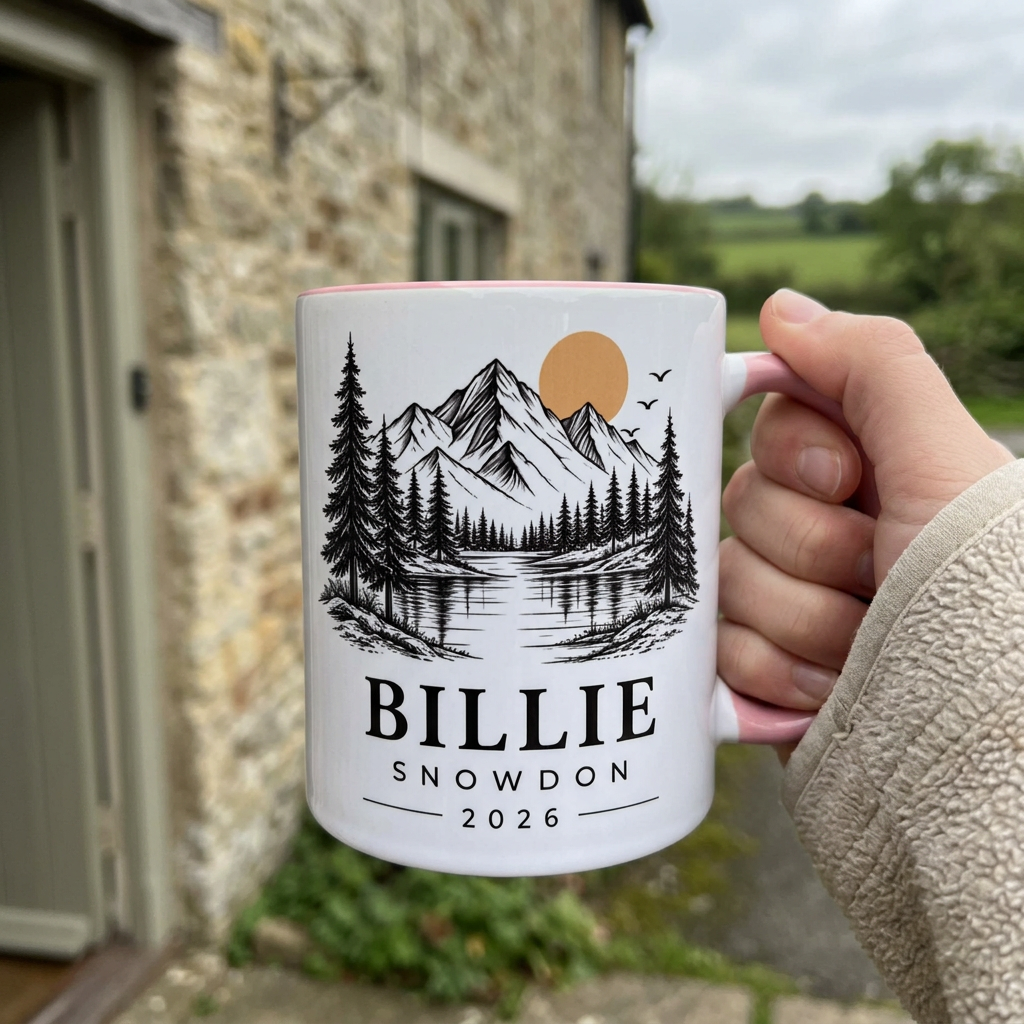 Person holding a pink Billie Snowdon 2026 mountain mug outside a cottage
