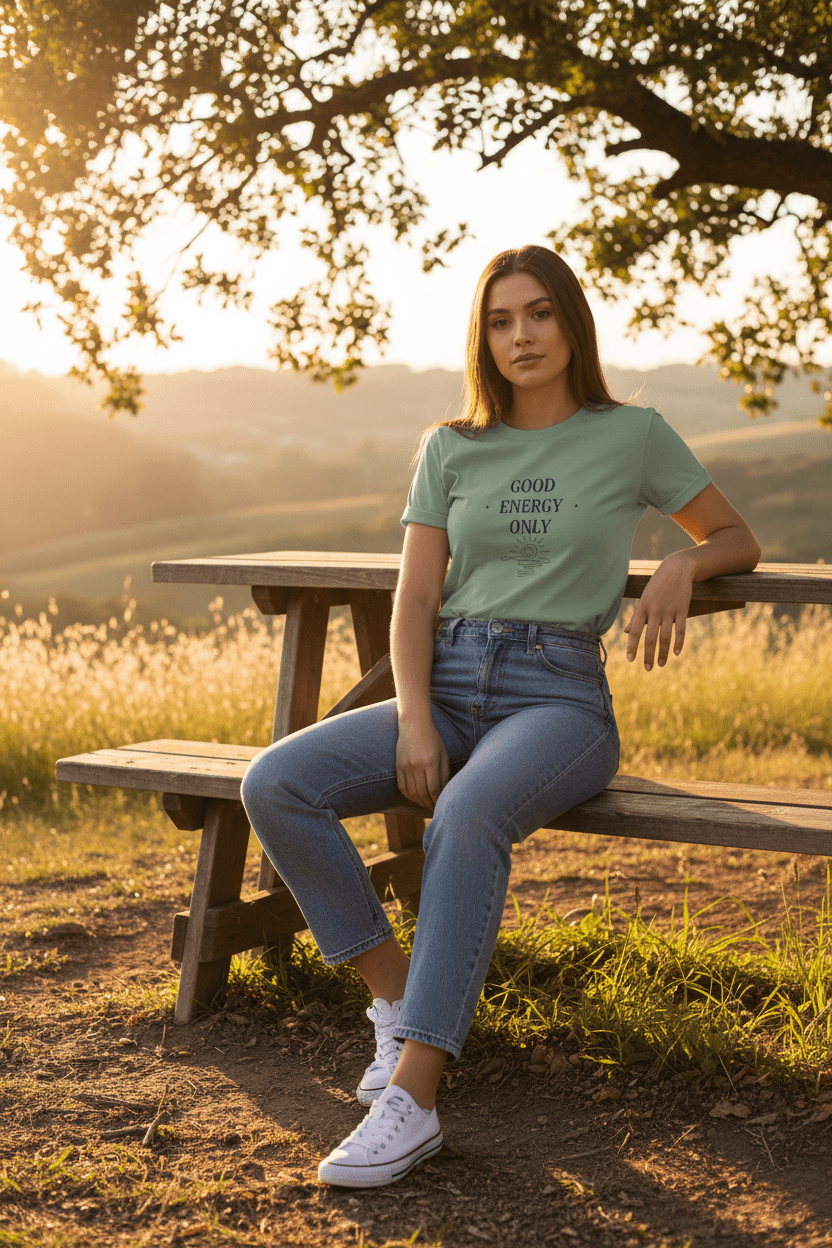 Teal crew-neck T-shirt with “GOOD ENERGY ONLY” print on the chest, worn by model