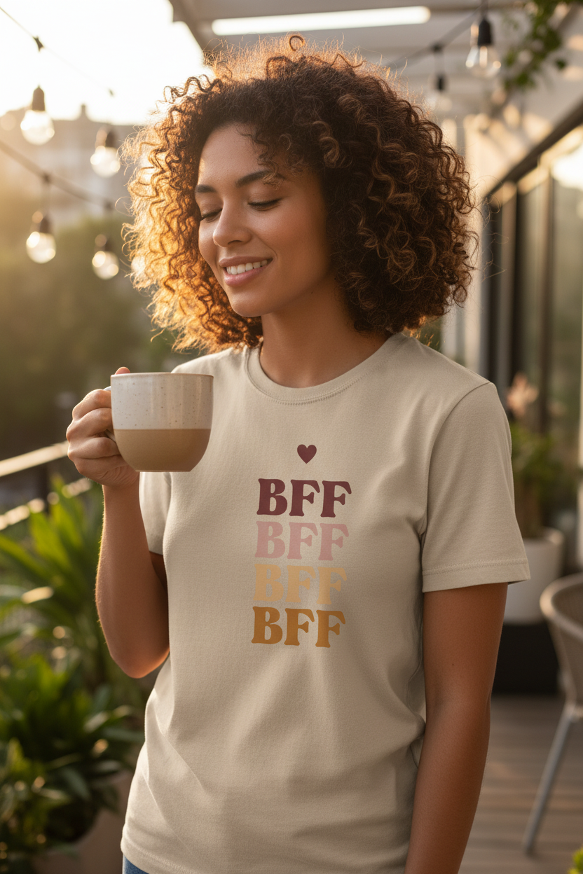 Beige t-shirt with stacked ombre BFF text graphic and heart