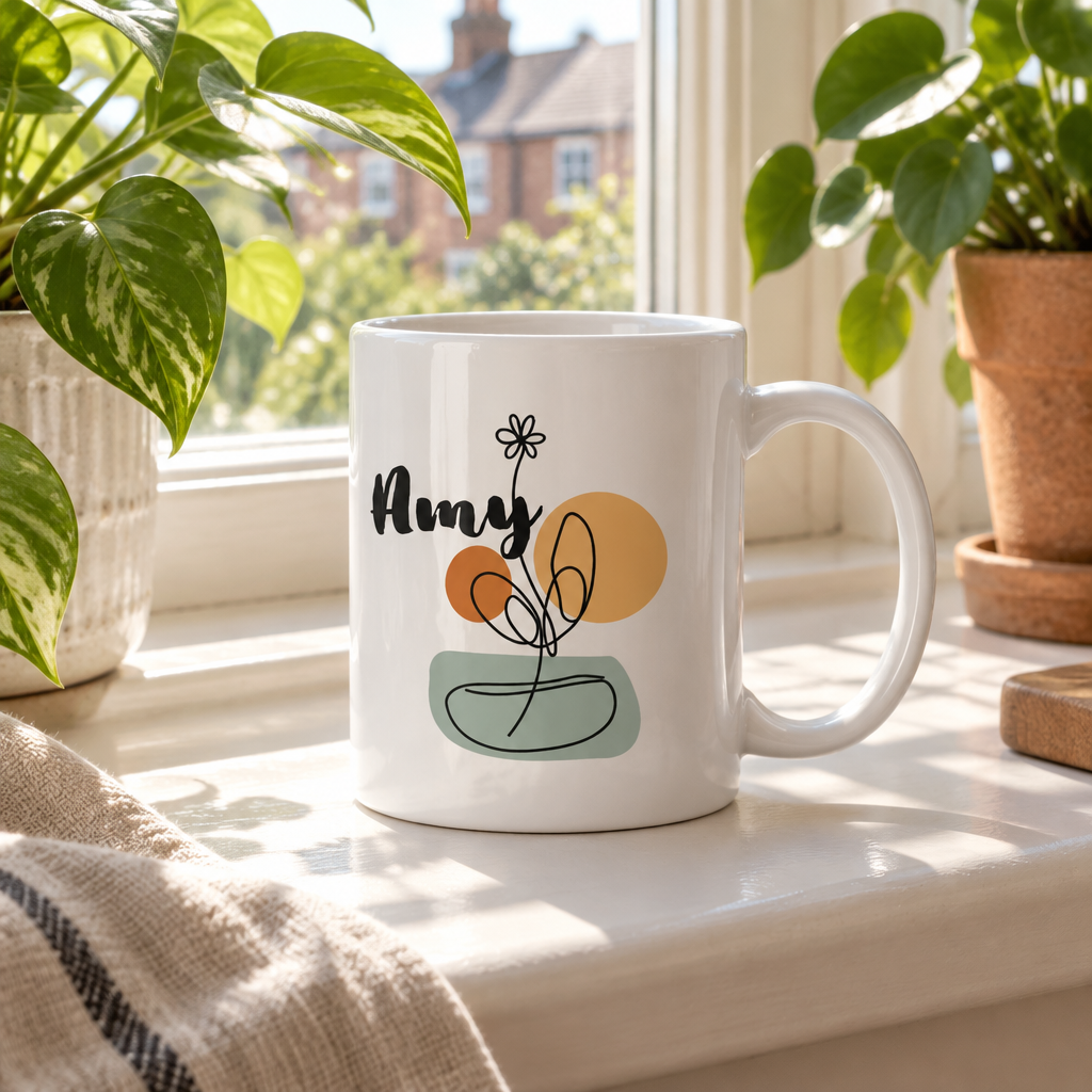 Personalized name mug in white ceramic with Amy and flower pot line art, side view