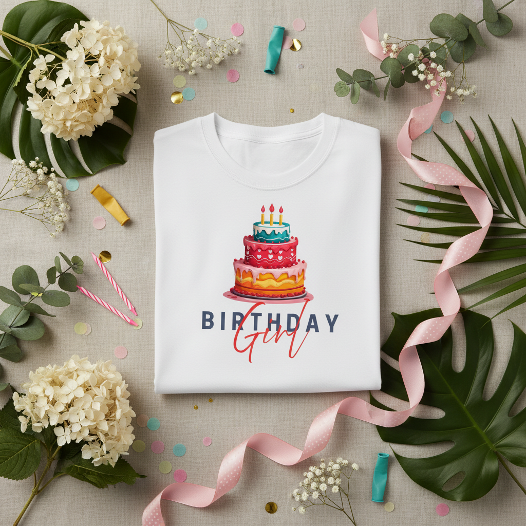 White birthday graphic T-shirt with a cake and “Birthday Girl” text