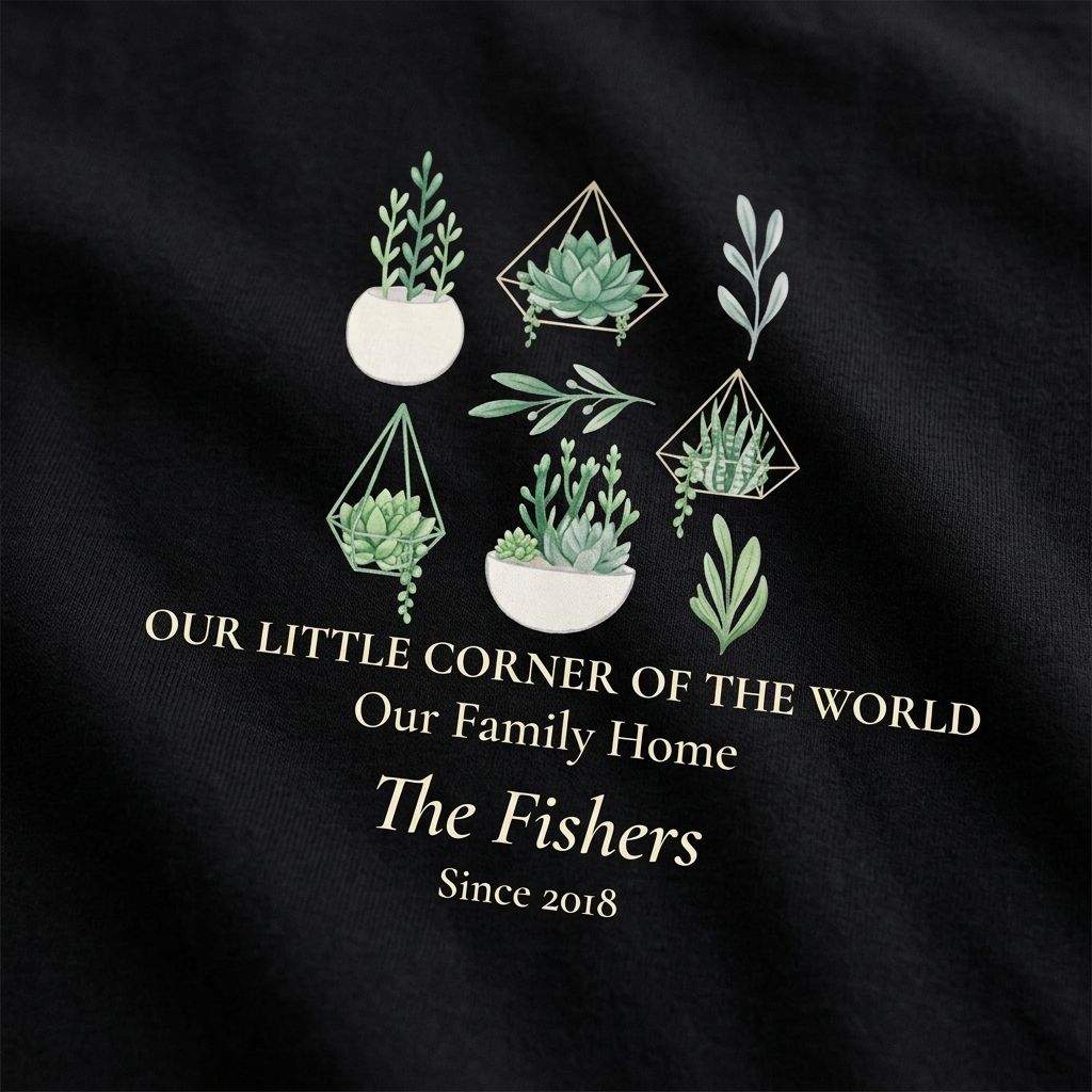 Black botanical t-shirt with plant-pot graphic and house text