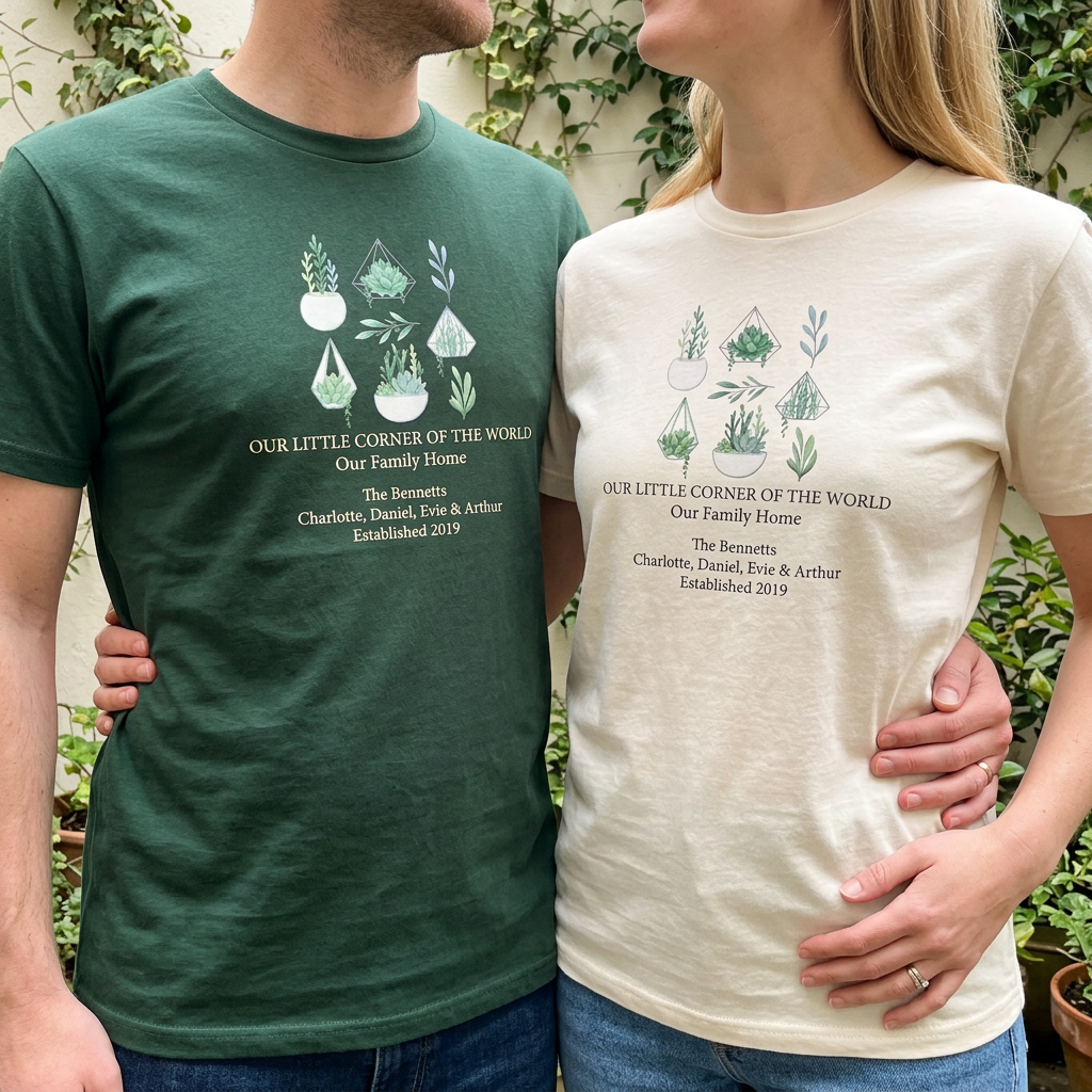 Green botanical t-shirt with succulent graphic and “Our little corner of the world” text
