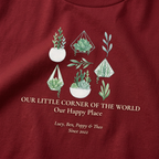 Red botanical t-shirt with plant-pot graphic and house text
