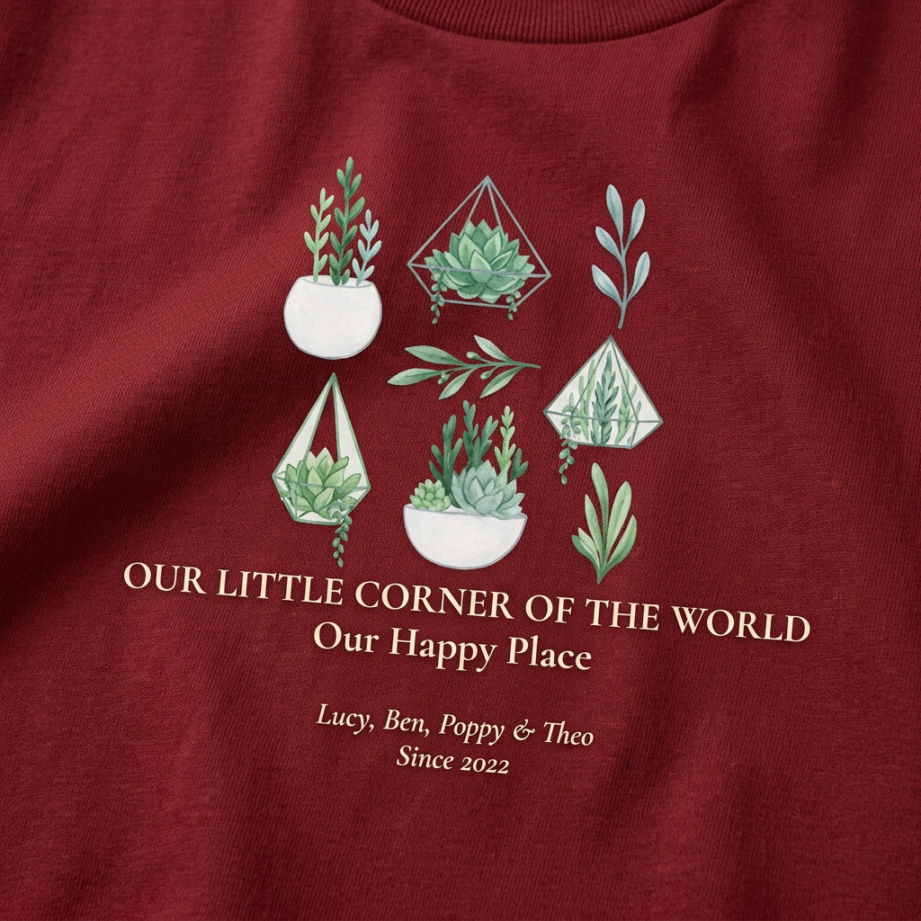 Red botanical t-shirt with plant-pot graphic and house text