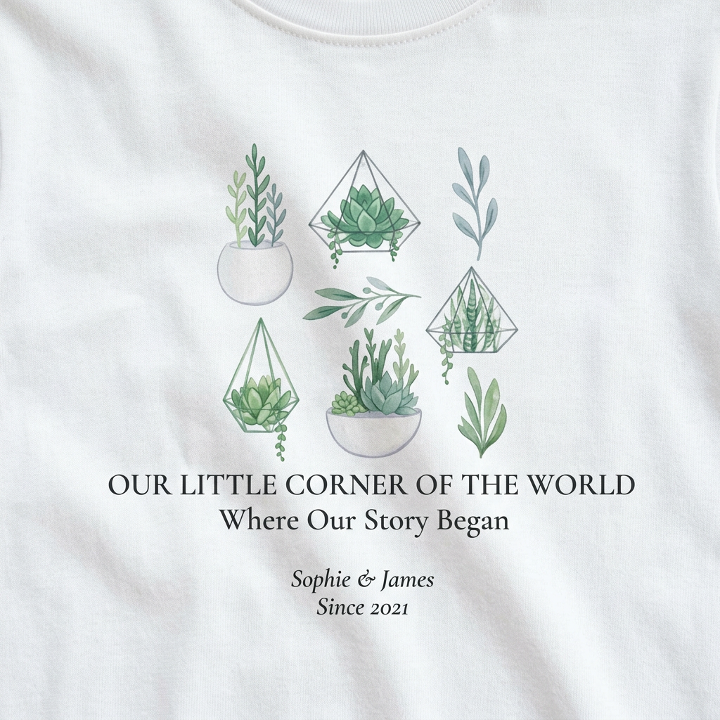 White botanical t-shirt with plant-pot graphic and house text