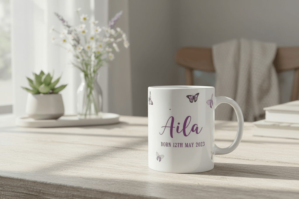 Personalised butterfly mug on table with name Aila and birth date, purple butterflies