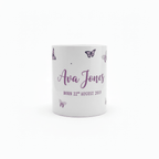 Personalised butterfly mug with name Ava Jones and birth date, purple butterflies