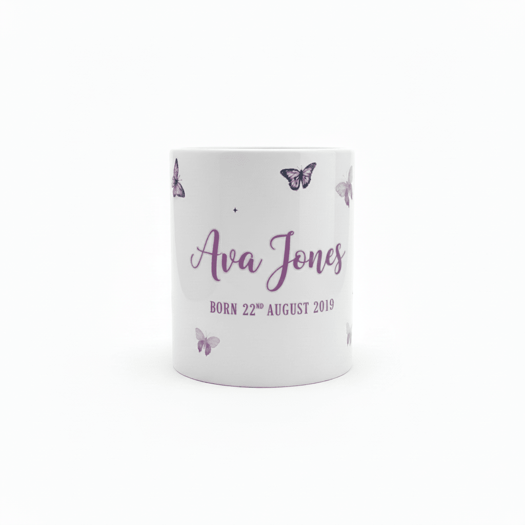 Personalised butterfly mug with name Ava Jones and birth date, purple butterflies