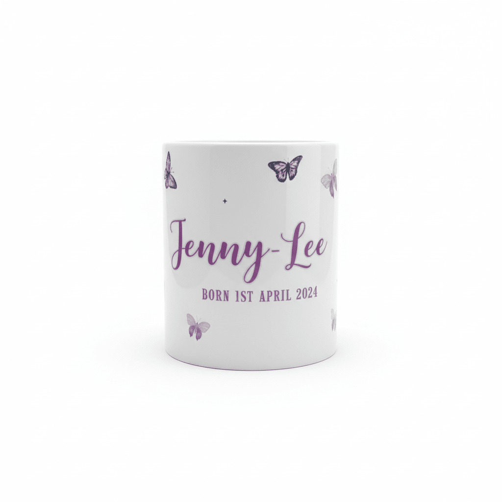 Personalised butterfly mug with name Jenny-Lee and birth date, purple butterfly motifs