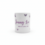 Personalised butterfly mug with name Jenny-Lee and birth date, purple butterfly motifs