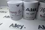 Personalised butterfly mugs with names Jenny-Lee and Adam, white with butterfly prints