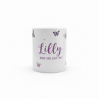 Personalised butterfly mug with name Lily and birth date, purple butterflies