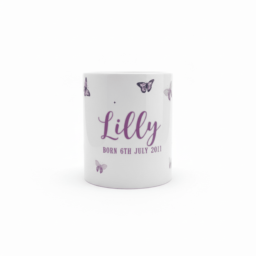 Personalised butterfly mug with name Lily and birth date, purple butterflies