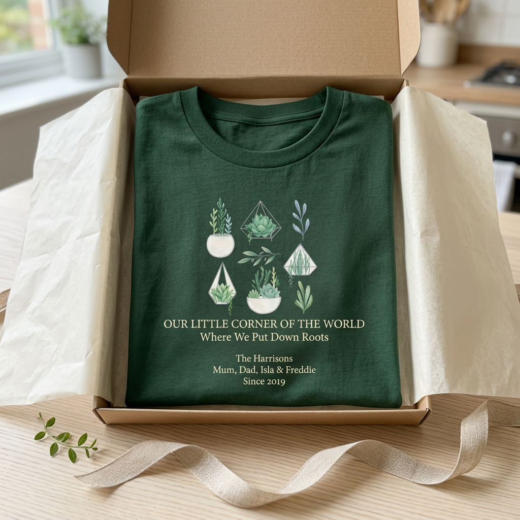 Forest green t-shirt in box with green botanical graphic and “Our First Home” text