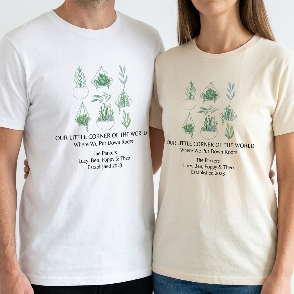 White and natural t-shirts with green botanical illustration and “Our First Home” text