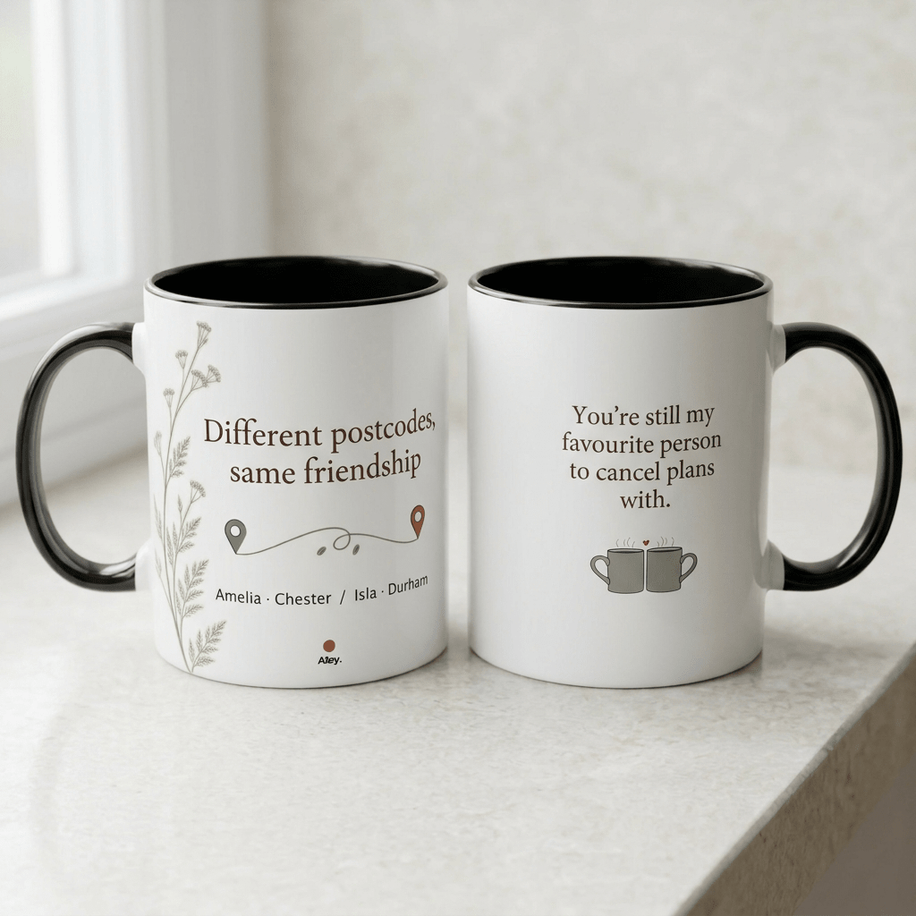 Personalised Long Distance Friendship Mug – Different Postcodes - #AlleyCrafters