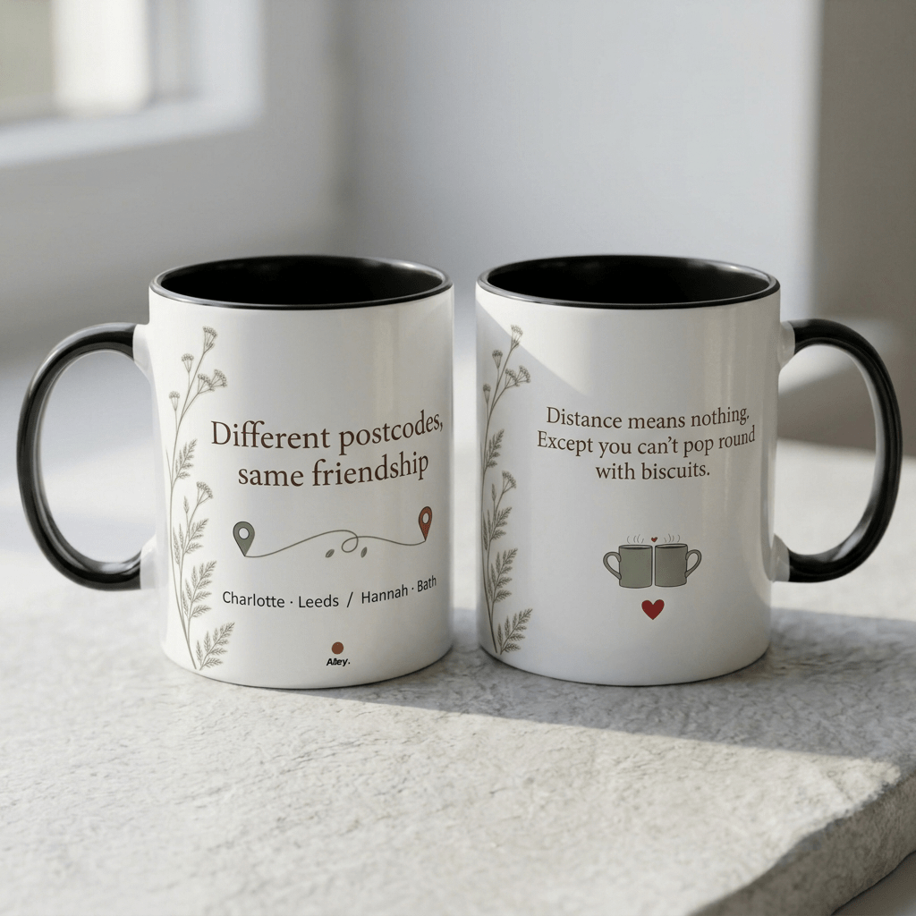 Personalised Long Distance Friendship Mug – Different Postcodes - #AlleyCrafters
