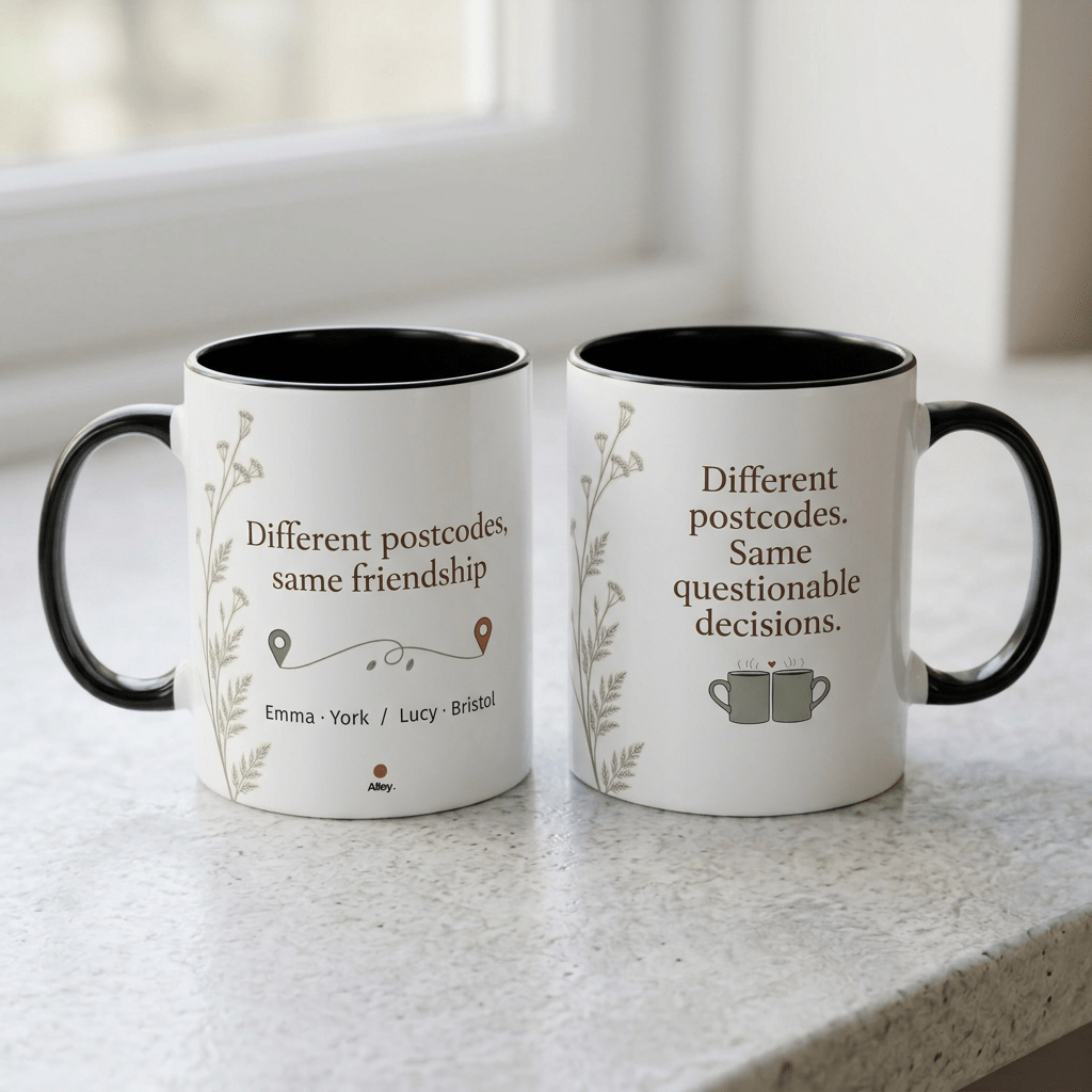 Personalised Long Distance Friendship Mug – Different Postcodes - #AlleyCrafters