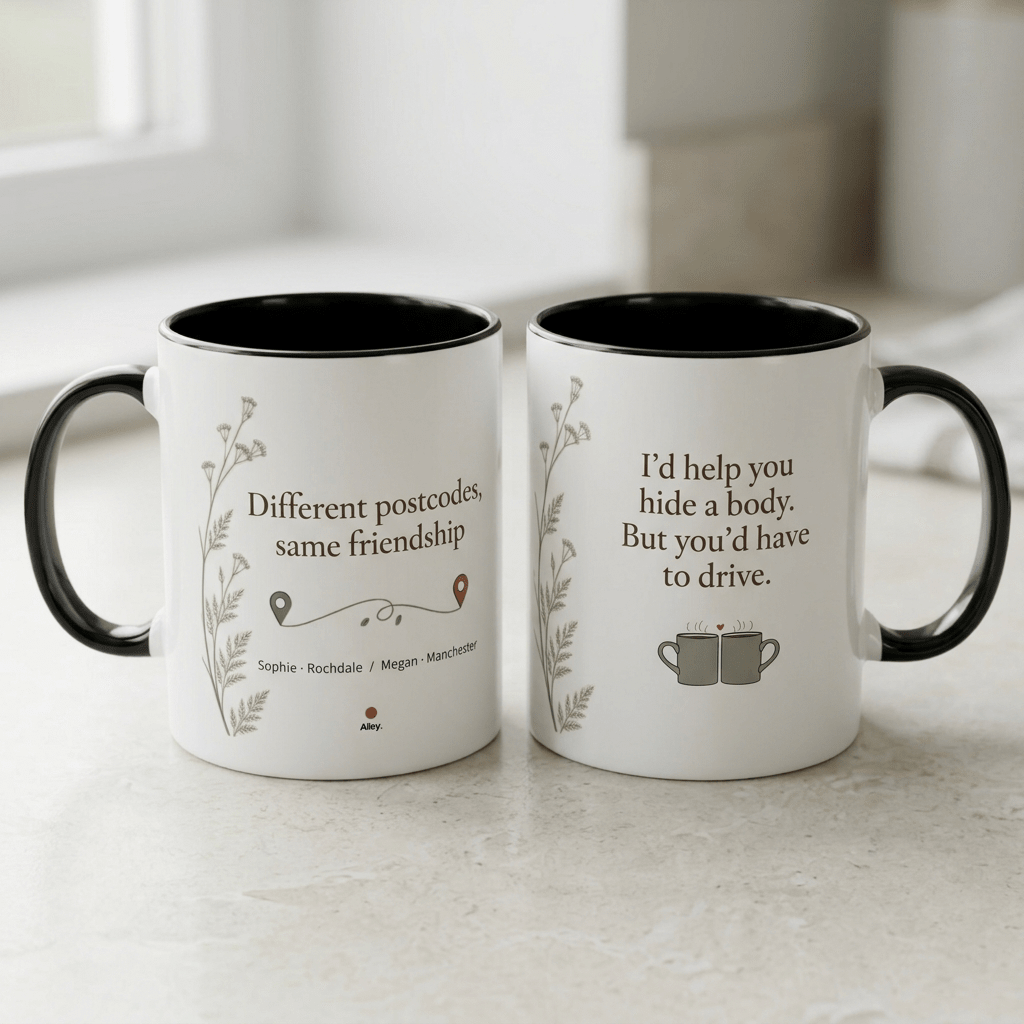 Personalised Long Distance Friendship Mug – Different Postcodes - #AlleyCrafters