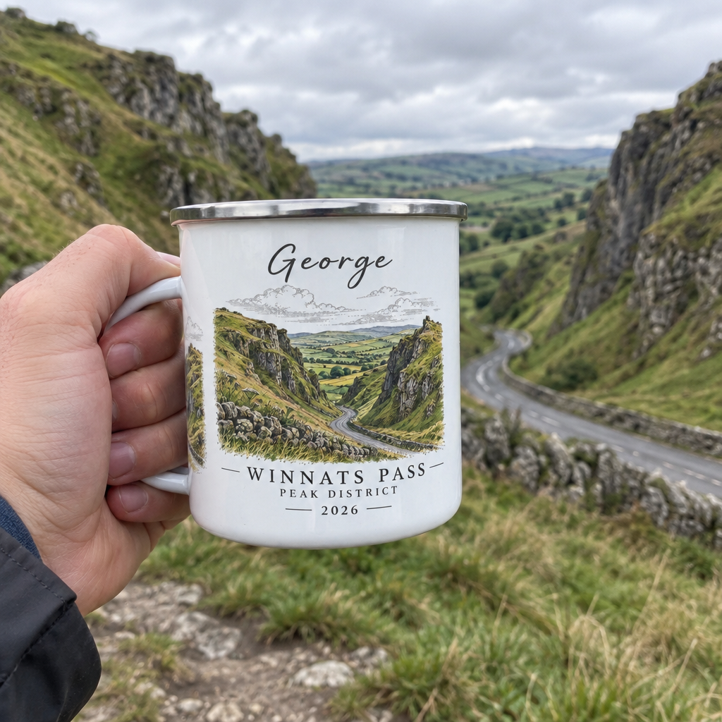 Hand holding white enamel mug with silver rim, 'George' and Winnats Pass landscape print.