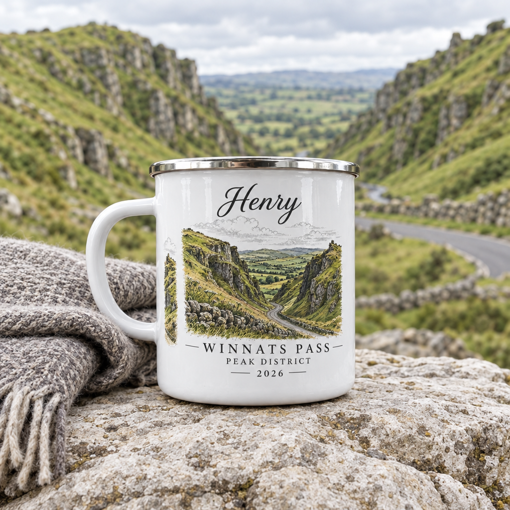 White enamel mug with silver rim on gray blanket, 'Henry' name and mountain route artwork
