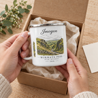 White enamel mug in gift box with silver rim, 'Imogen' name and Winants Pass print