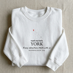 White personalised sweatshirt with “meet me here” YORK place name print