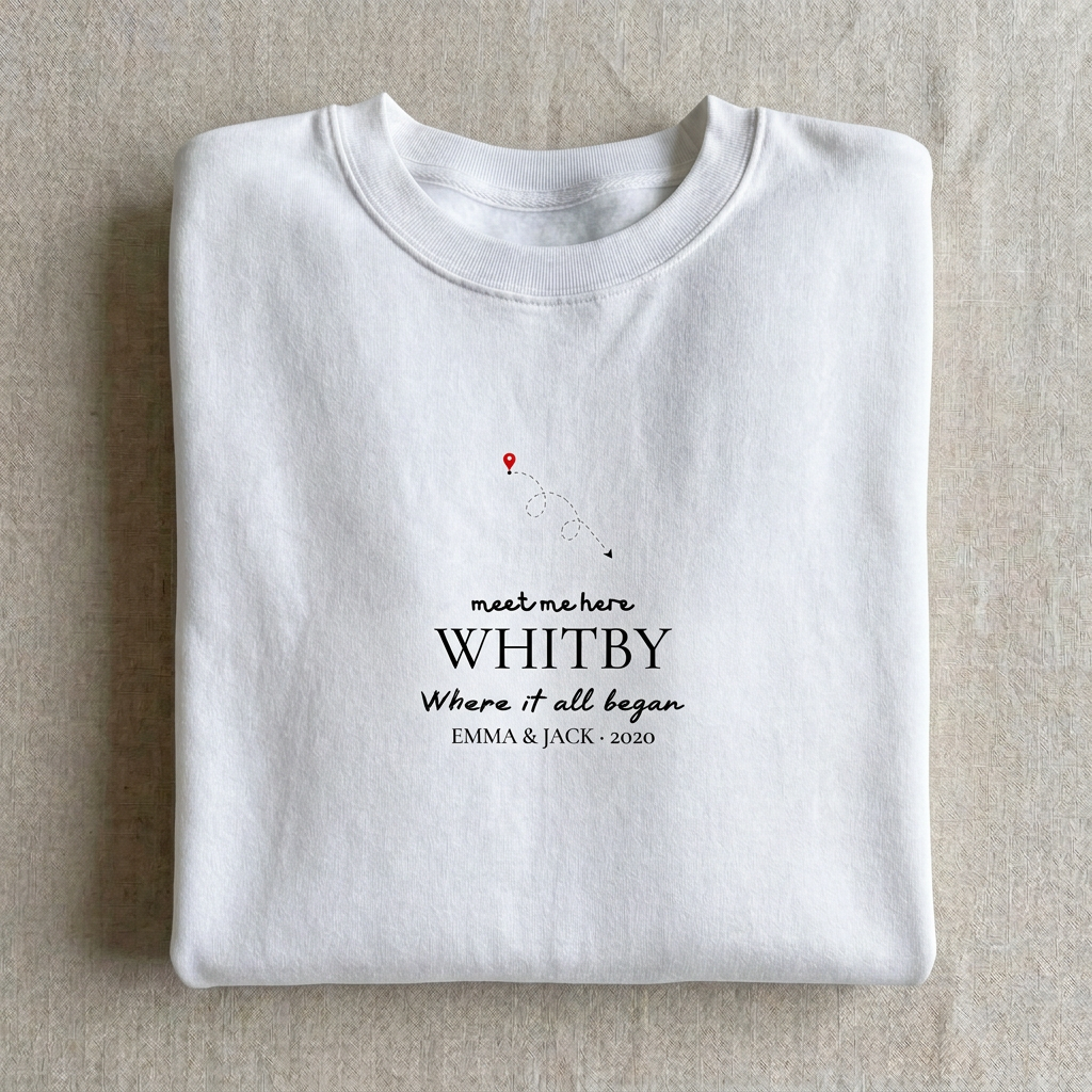 White personalised sweatshirt with “meet me here” WHITBY place name print