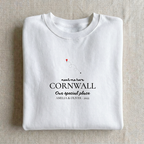 White personalised sweatshirt with “meet me here” CORNWALL place name print