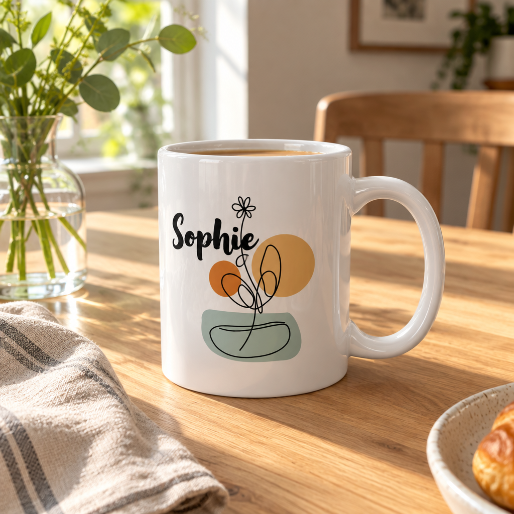 Personalized name mug in white ceramic with Sophie and flower pot line art, front view