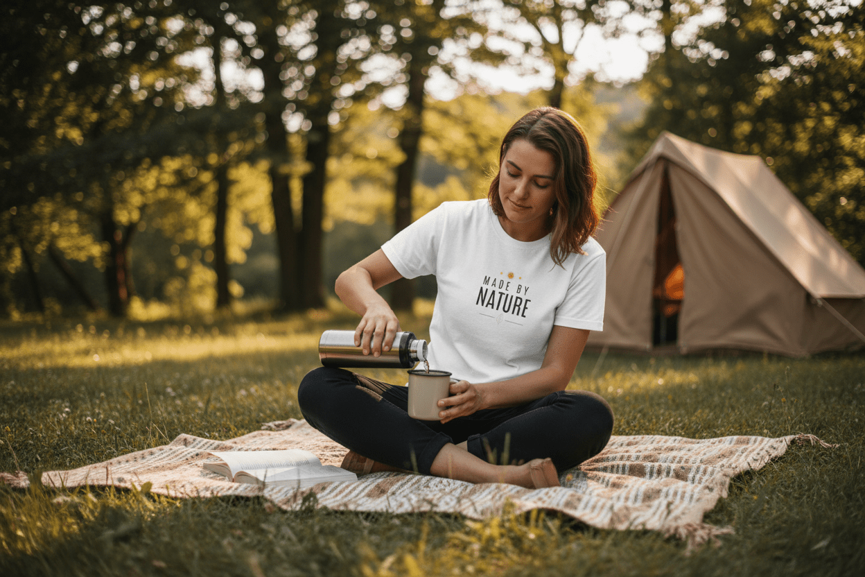 White eco graphic T-shirt with MADE BY NATURE logo, short sleeves