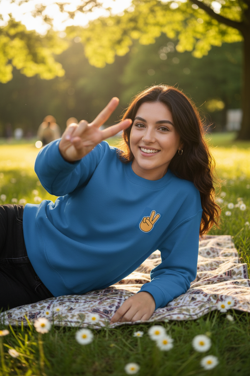 Royal blue sweatshirt with peace-sign hand embroidery on the chest