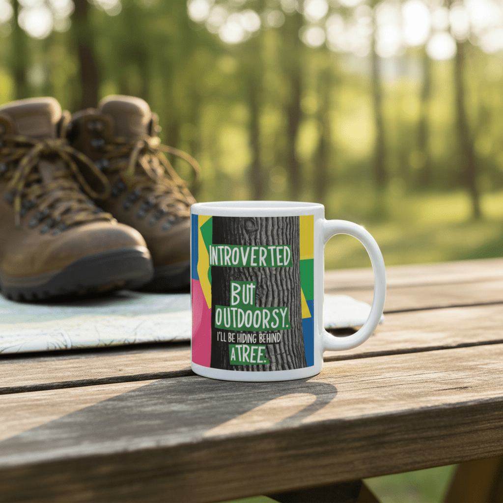 White mug with colorful nature quote on a wooden bench