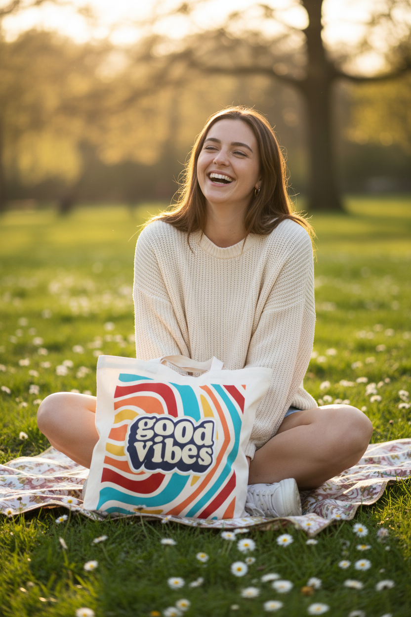Canvas tote bag held by person, showing 'good vibes' retro print on front