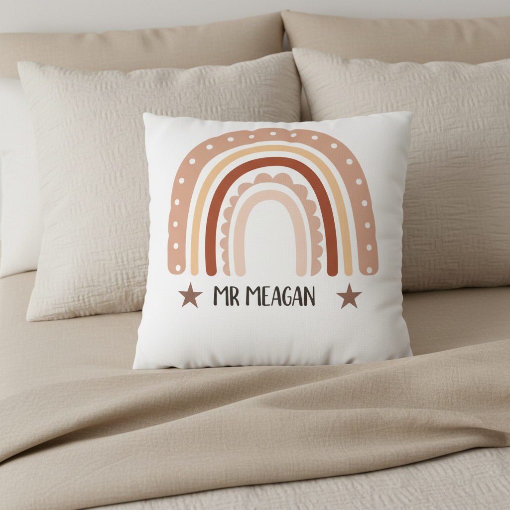 White pillowcase with rainbow arch and stars, 'MR MEAGAN' printed