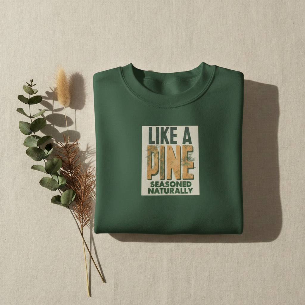 Forest green crewneck sweatshirt with 'LIKE A PINE' themed front graphic, flat lay