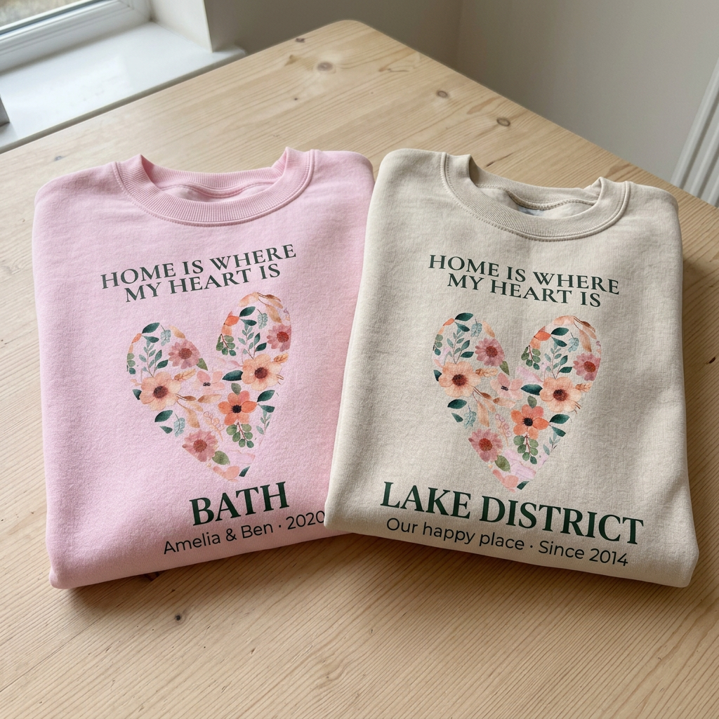 Pair of sweatshirts: pink BATH and sand LAKE DISTRICT with floral heart location text