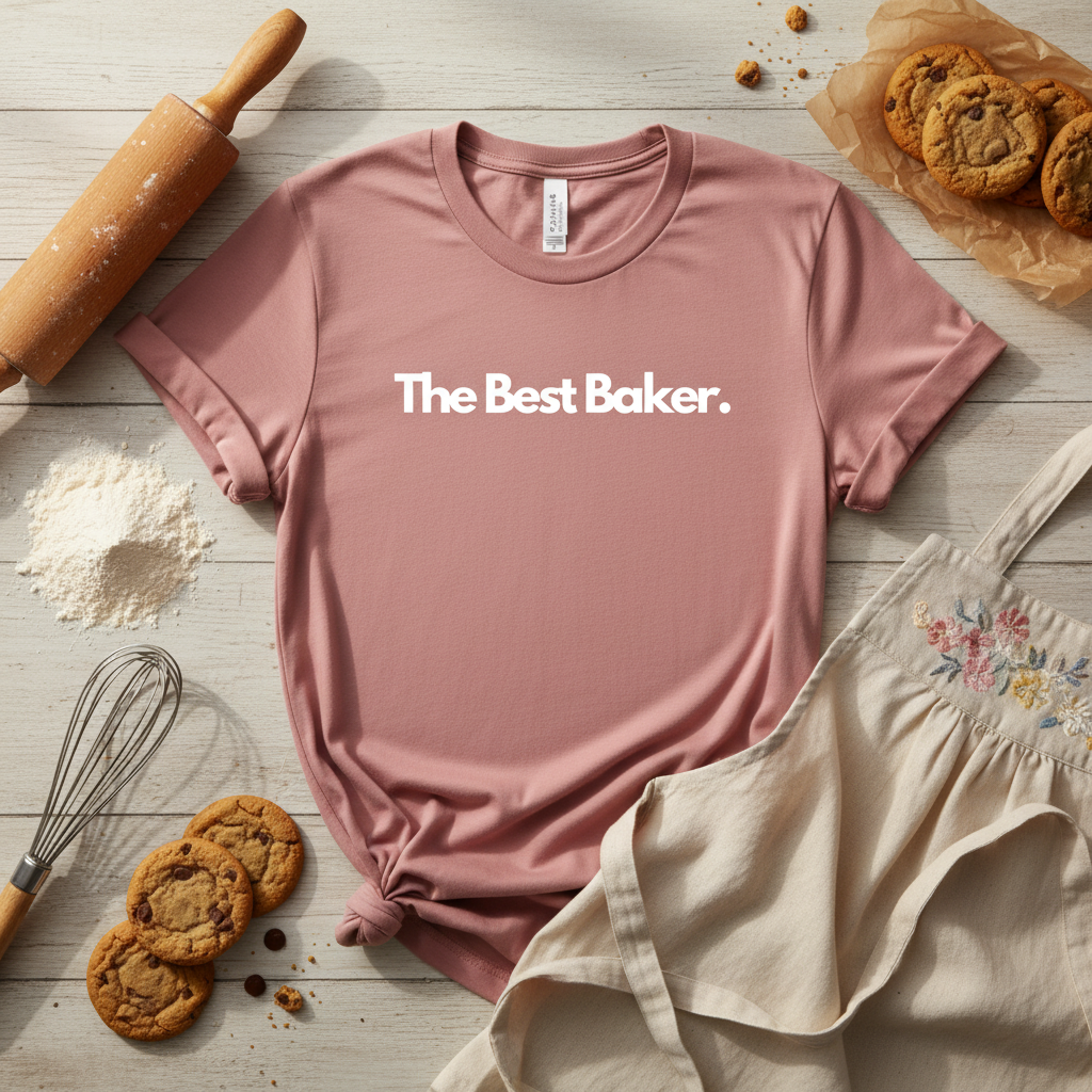 Dusty pink custom text T-shirt with “The Best Baker” chest print.