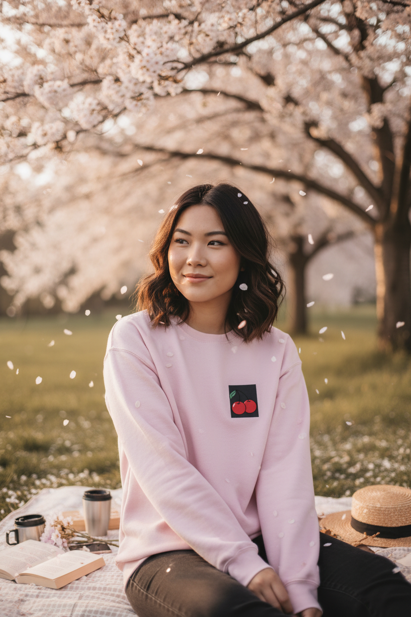 Light pink crew-neck sweatshirt with cherry patch on chest, long sleeves