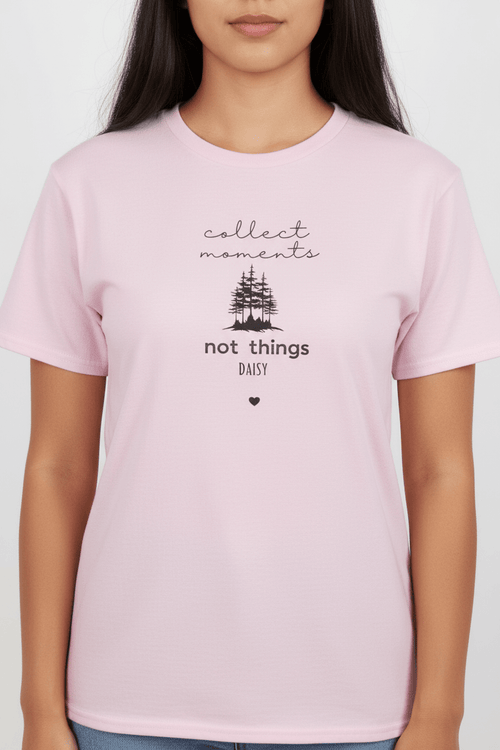 Light pink T-shirt with minimalist tree and message text graphic at center
