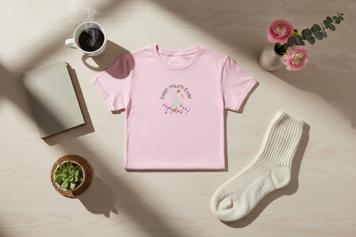 Pink duck t-shirt everyday flat lay