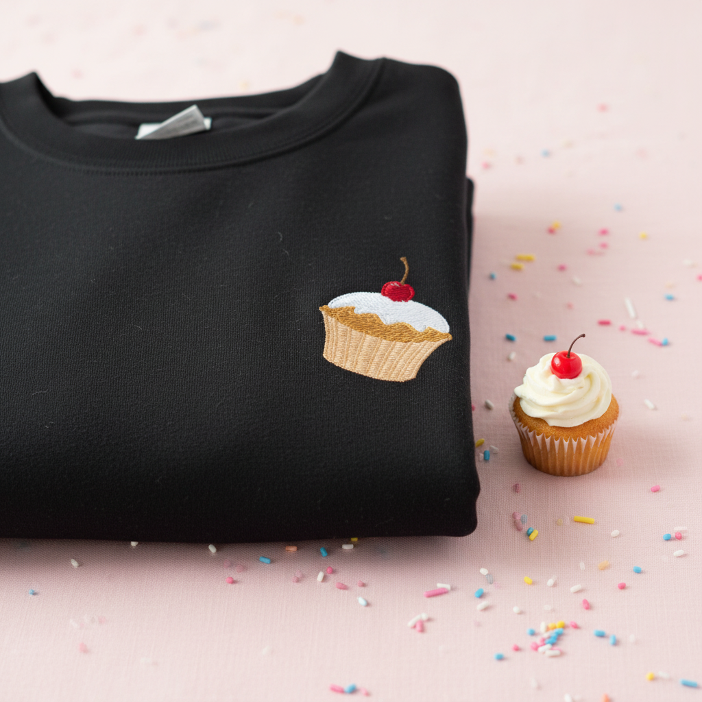 Black sweatshirt close-up with embroidered cupcake on the front