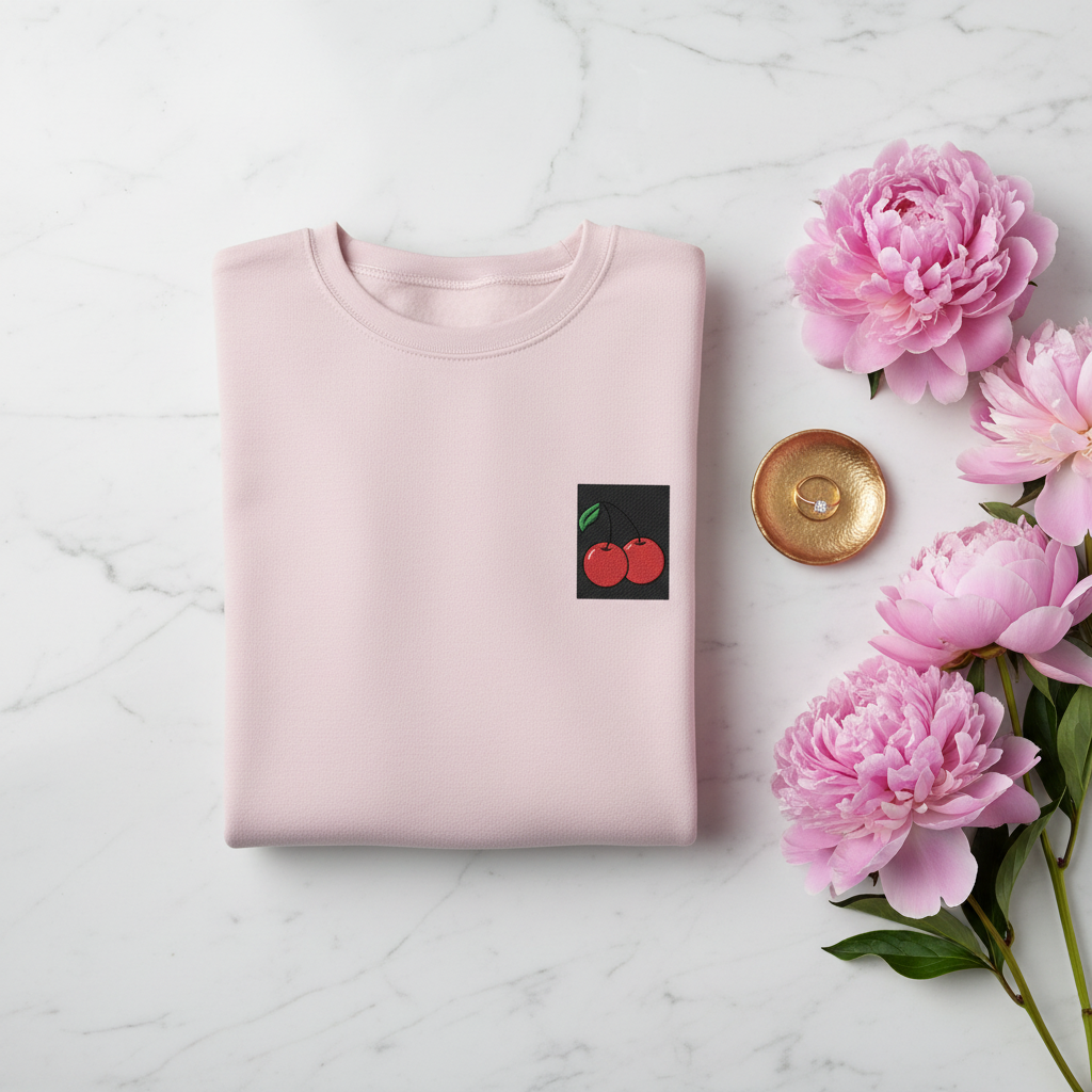 Light pink sweatshirt with cherry patch on chest, crew neck
