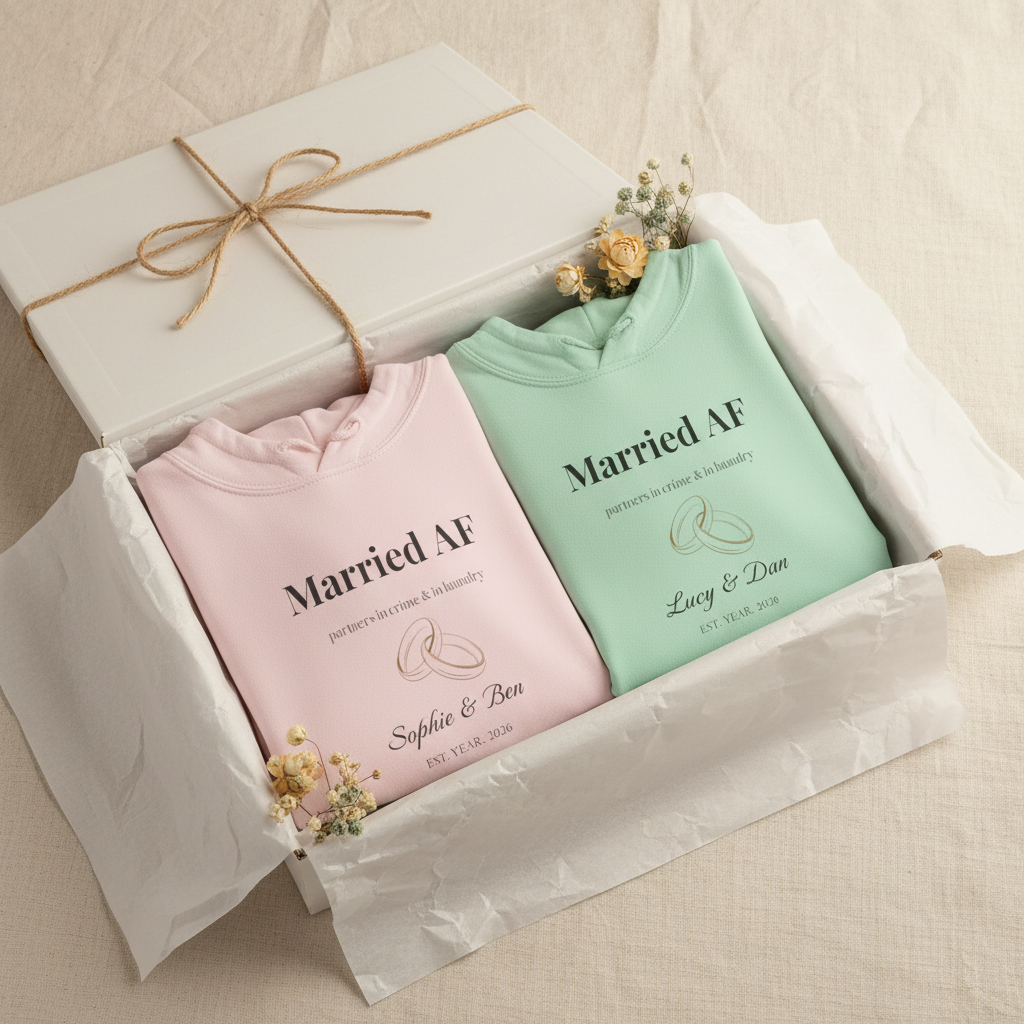 Couples hoodie set in mint green and light pink, each with printed “Married AF” on chest