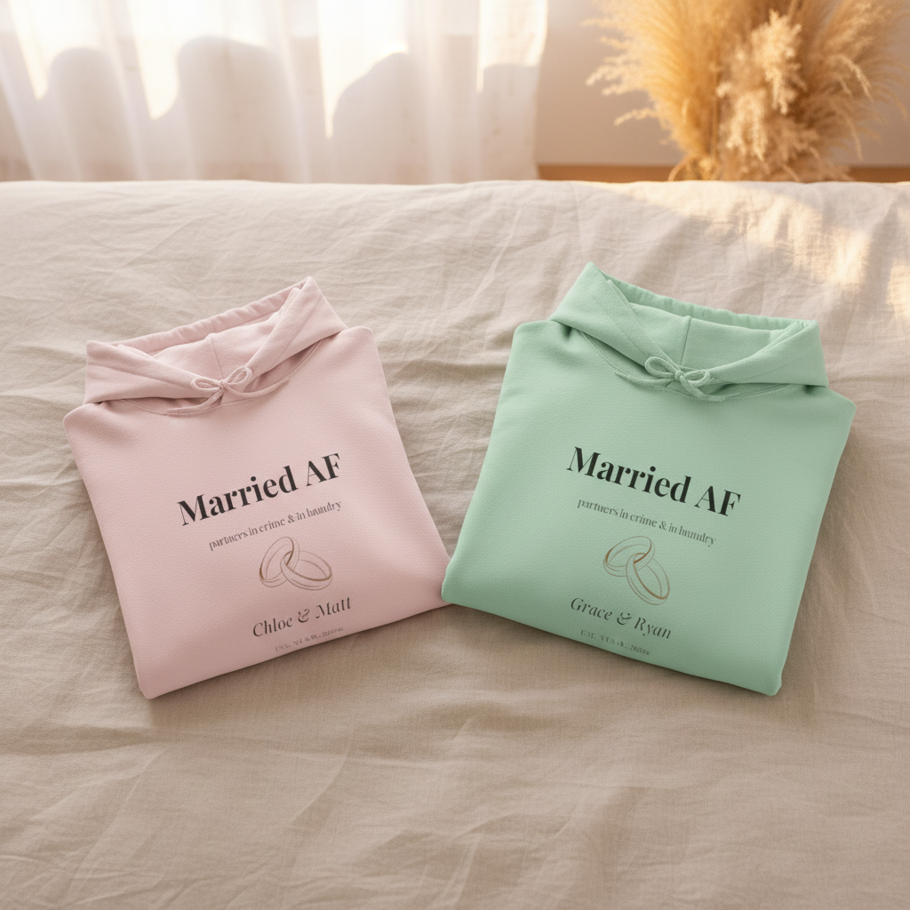 Two pastel hoodies: pink and mint, “Married AF” front print with ring graphic