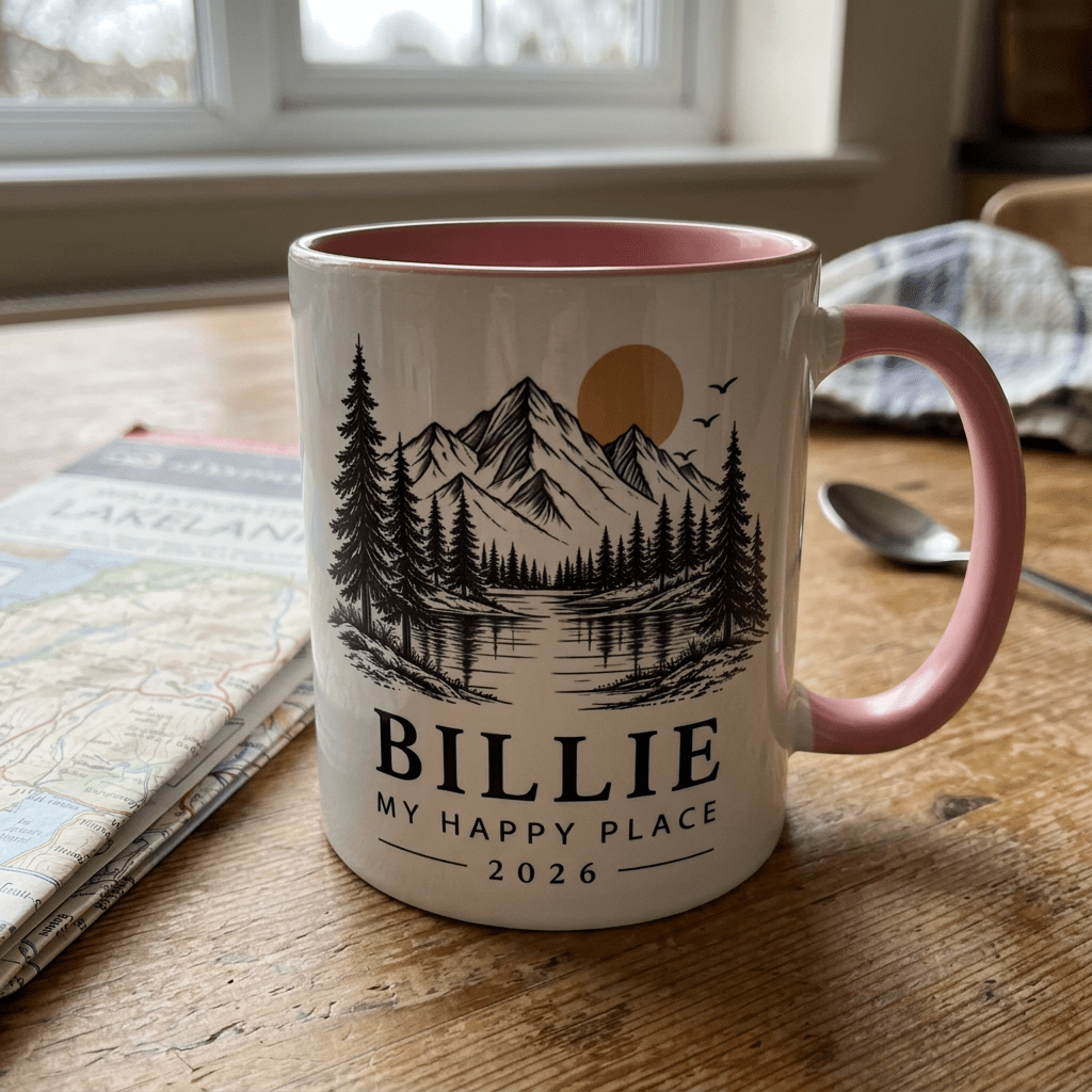 Pink mountain mug personalised for Billie