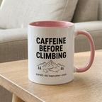 Pink-rimmed climbing mug in a minimal home setting