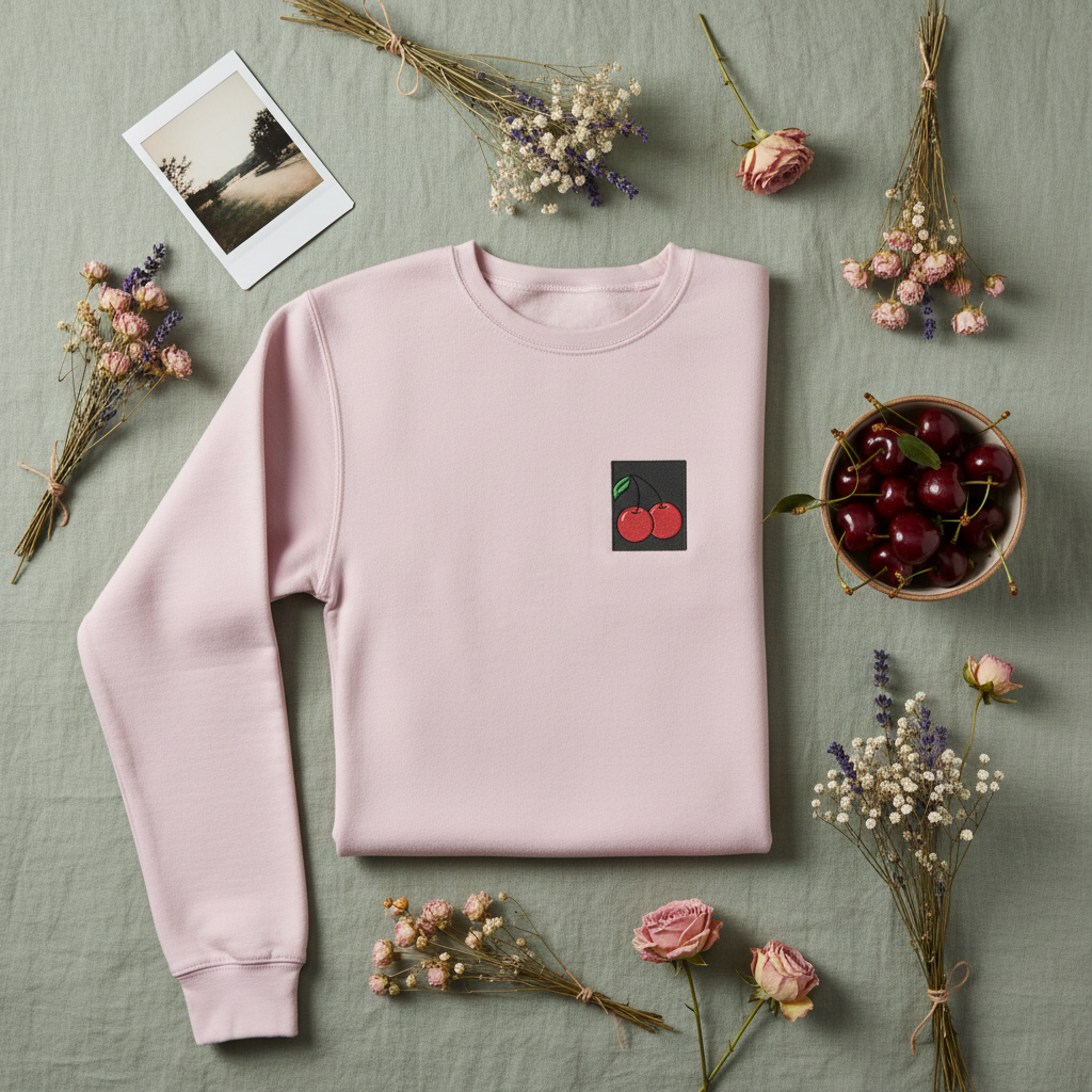 Light pink cherry embroidered sweatshirt, long sleeves and chest embroidered cherry patch